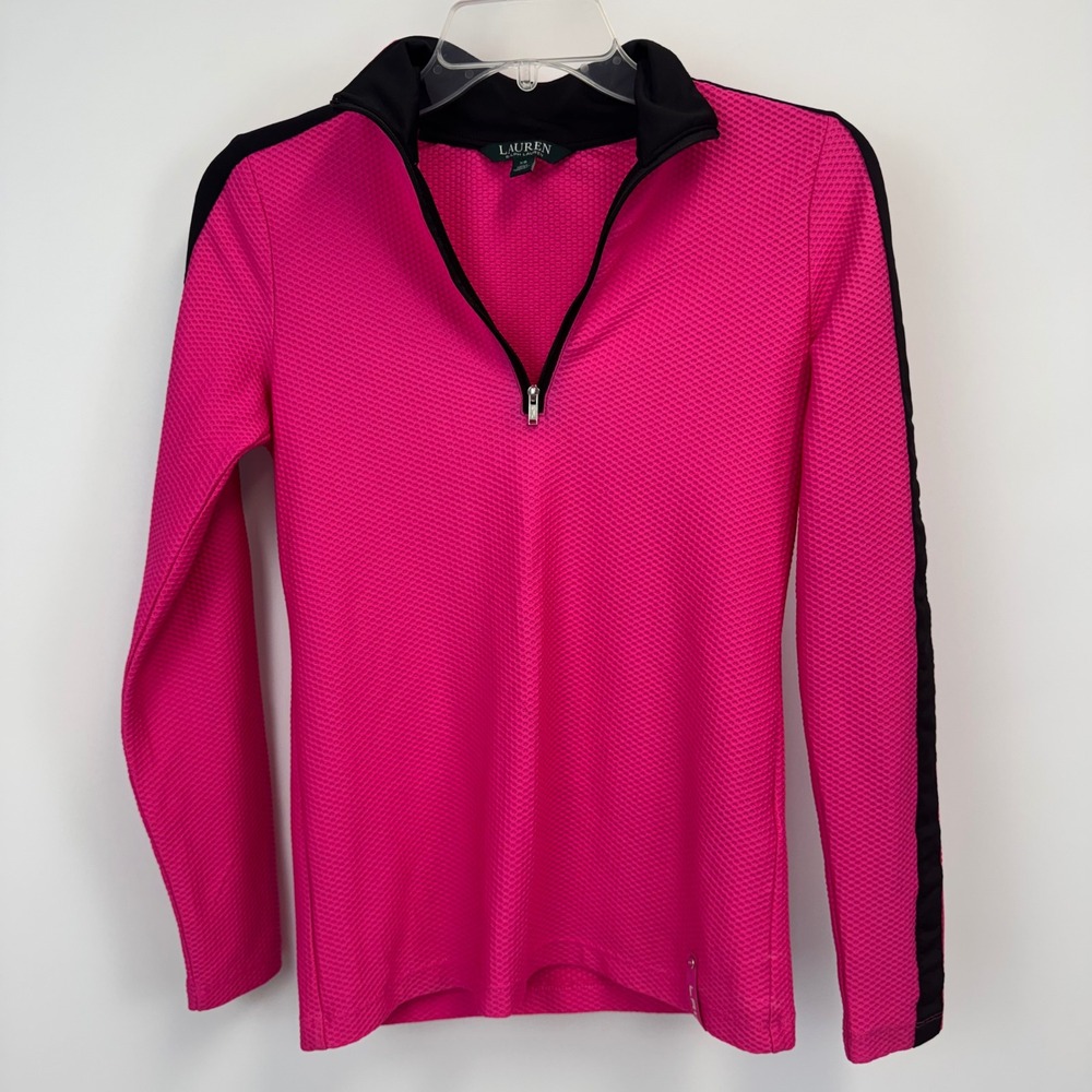 Lauren‎ Ralph Lauren Womens Pink Waffle Knit Quarter Zip Activewear Top XS Black